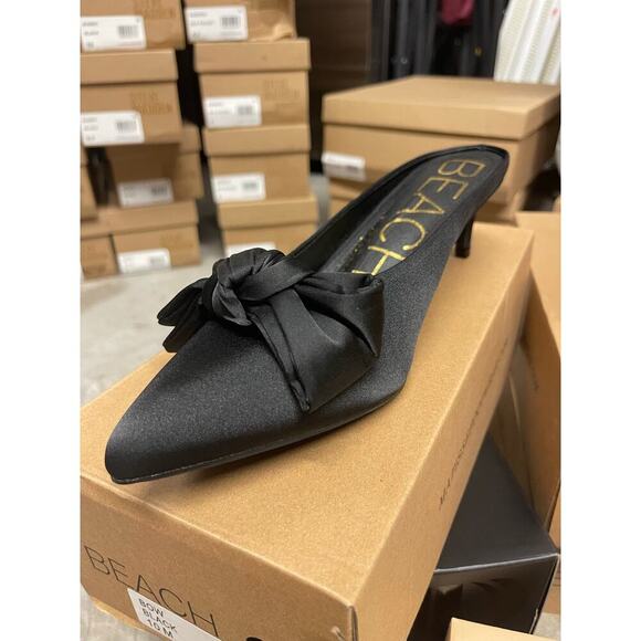 Beach by Matisse Bow Black Satin Kitten Heel Mule Pumps - Picture 4 of 4